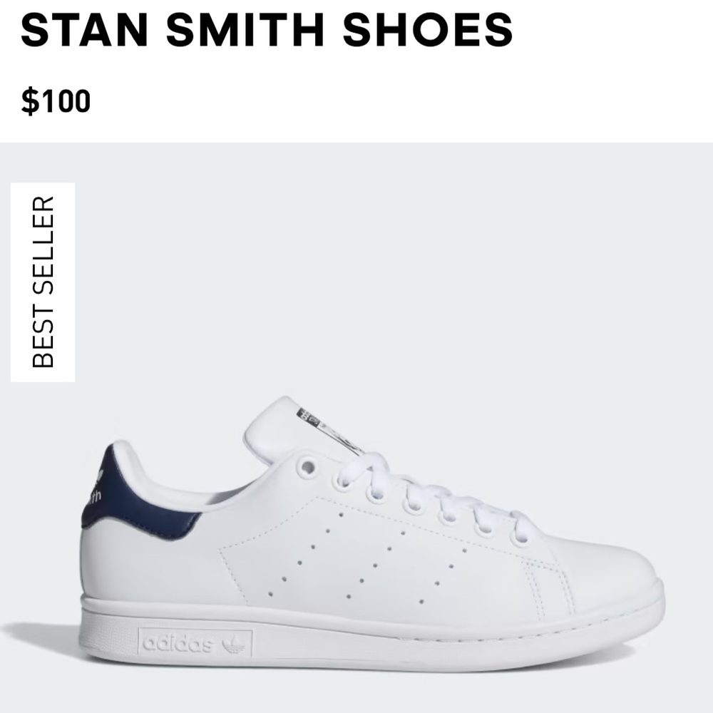adidas Stan Smith White Leather Sneakers with Navy Heel Tab